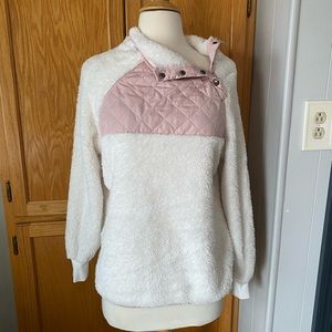 White and blush Sherpa pullover